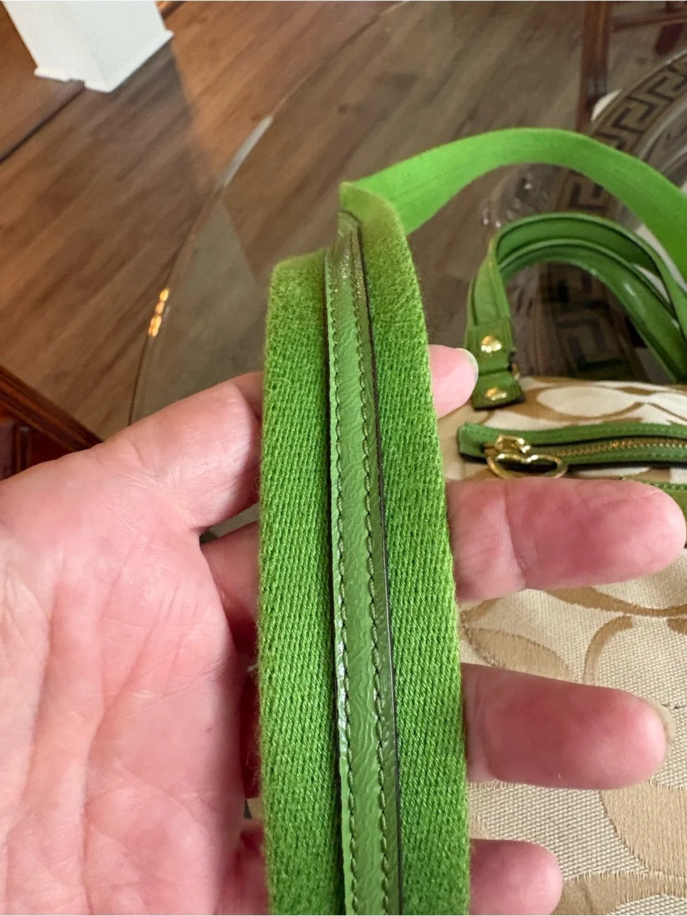 ππCOACH POPPY DAISY SIGNATURE KHAKI JACQUARD & CHARTREUSE LEATHER BAG!ππ - Picture 6 of 10